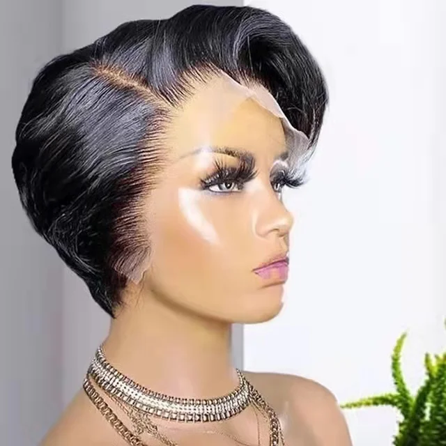 

2021 hot selling Short Pixie Cut Human Wig Transparent Lace Frontal Wig Side 13x1 Short Lace Part Human Hair Wig For Black Women