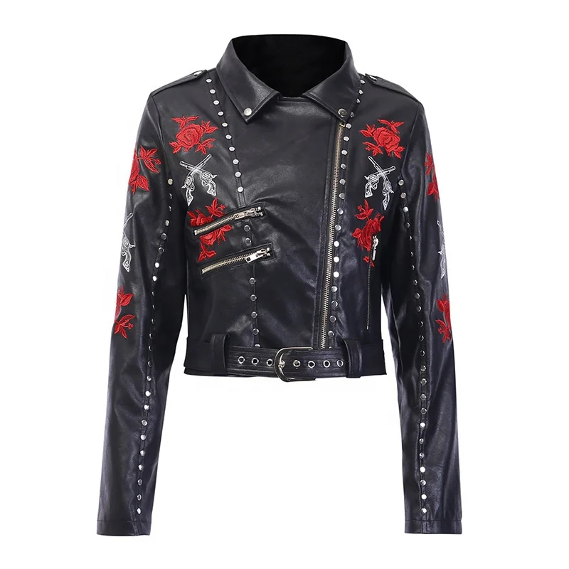 

B23791A Women embroidered vintage PU leather jacket motorcycle coat