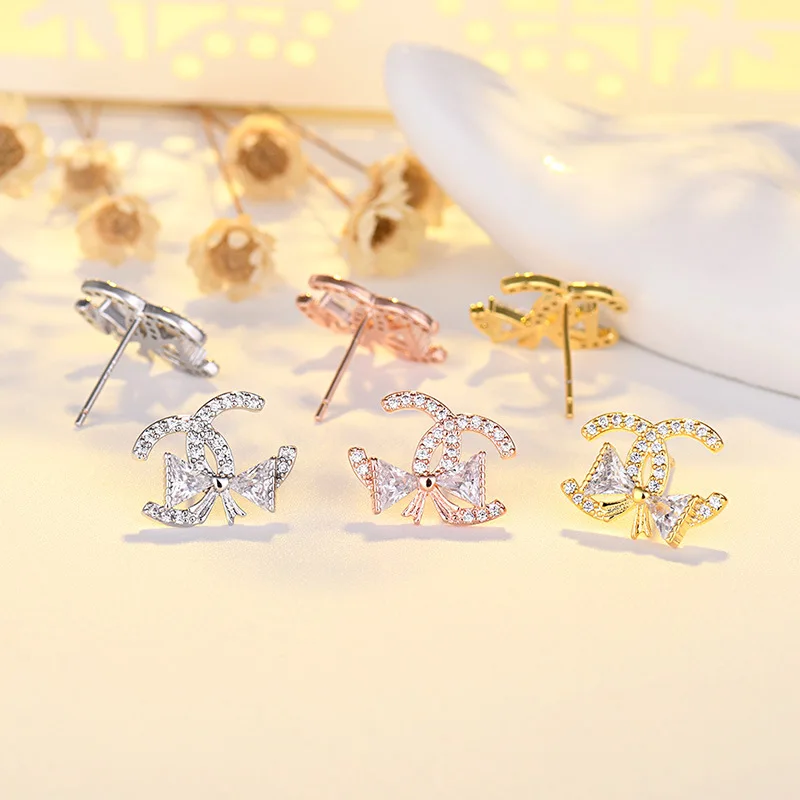 

Fashion Jewelry Women Platinum 18K Gold Crystal Bow CC Letter Logo Zircon Stud Earing Coco Channel Earrings