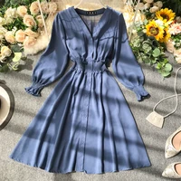

Autumn Long Sleeves Solid Color Retro Clothing Women Dress France Vintage Charm Dresses