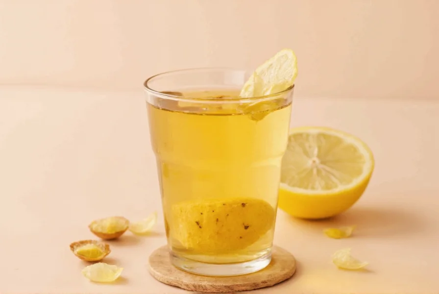 Close-up of fresh ginger root being grated into a small glass shot with lemon slices and honey nearby