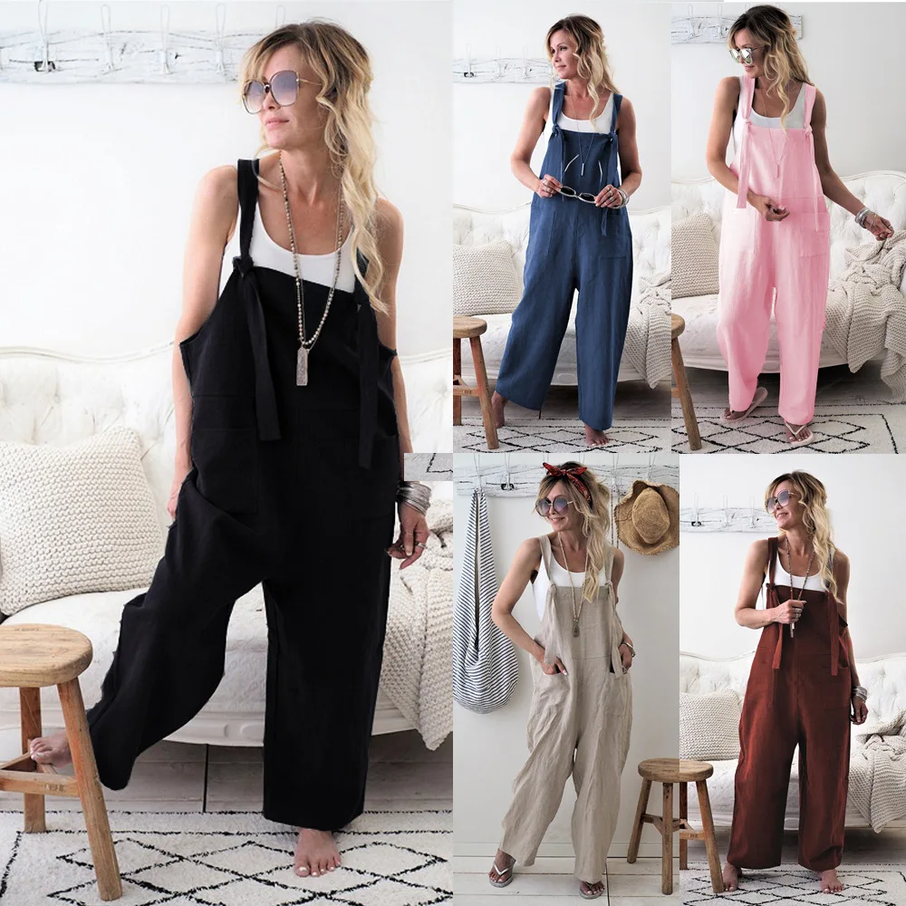 

Autumn New Women Casual Jumpsuit Loose Linen Playsuit Lady Cotton Overalls With Pocket, Picture