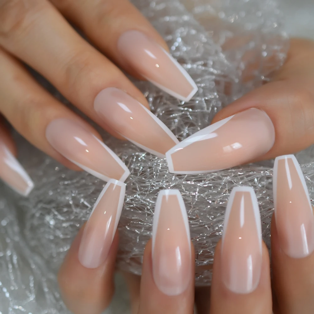 

Glossy White French Press on  Extra Long Coffin Ballerina Shape UV Gel Nude Fingersnails Free Adhesive Tapes 24pcs