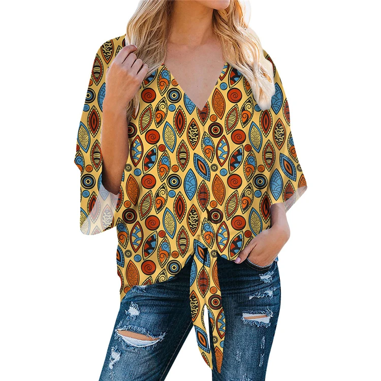 

High Quality Women V-Neck Top Ladies Clothing Vintage Female Blouses, Customized color
