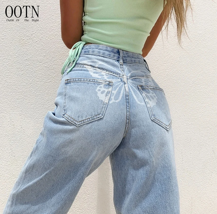 

OOTN Women Y2K Jeans For Girls Female Fashion 2021Vintage High Waisted Trouser Harajuku Capris Streetwear Butterfly Print Denim