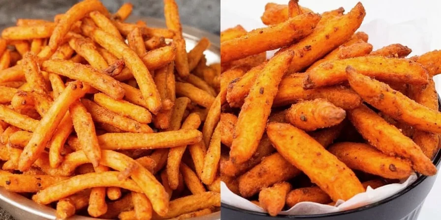 A side-by-side photo showing different spice-coated sweet potato fries.