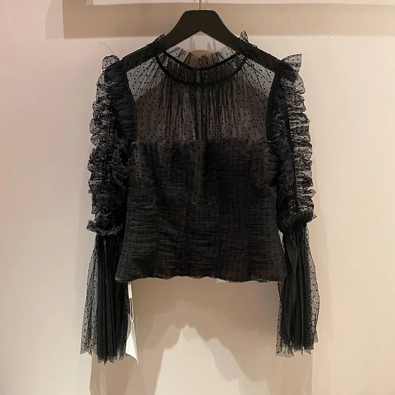 

Black color new fashion Polka Dot mesh flared sleeve long sleeve women's blouse