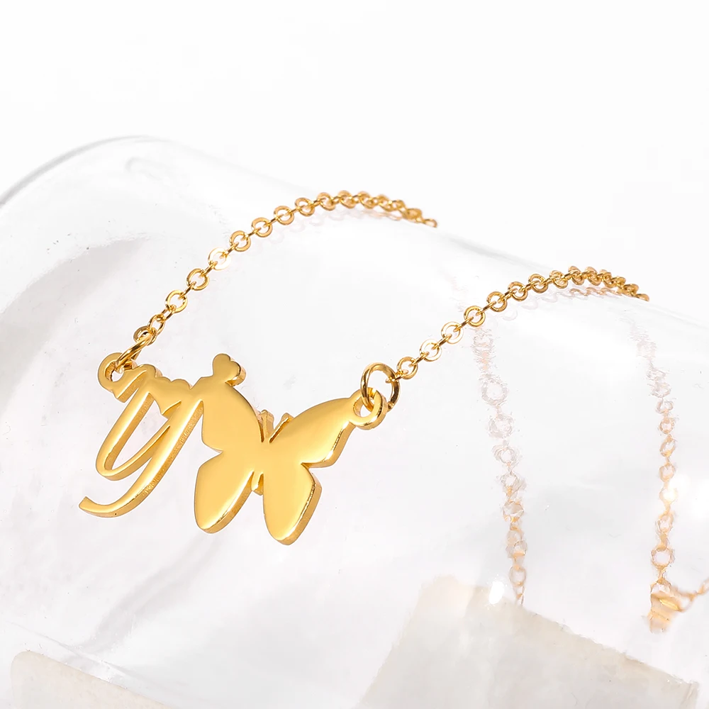 

Sweet A-Z 26 Initial Letters Butterfly Necklace Women Charm Jewelry Stainless Steel Gold Chain Butterfly Pendant Necklace, As pic or customized