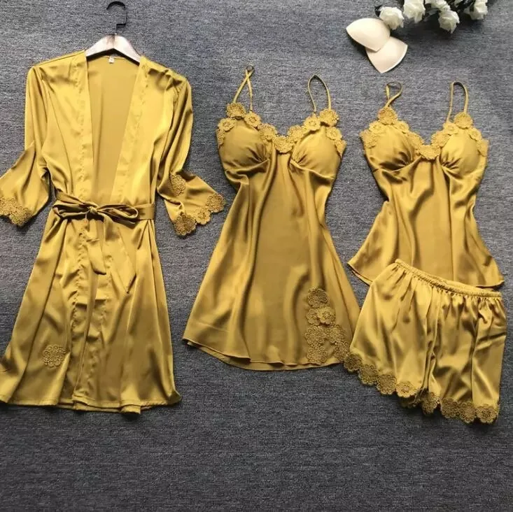 

Ins Hot Sale Summer Four Pieces Silk Pajamas Set Women Homewear Bridal Robe Silk Bathrobe Sleepwear