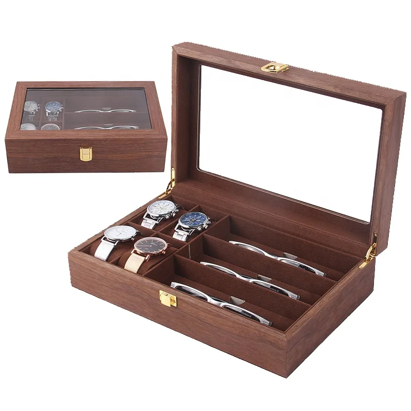 

4+3 Watch glasses box with vintage wooden craft soft brown velvet inlay glass top display, Walnut ,pantone as well as cmyk