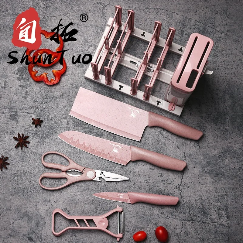 

SHUNTUO Eco Friedntly 30cr13 Wheat Stalk Blade Fruit Slicer Scissors Cutting Board Ceramic Kitchen Knife Set with Block Stocked, Customerized product