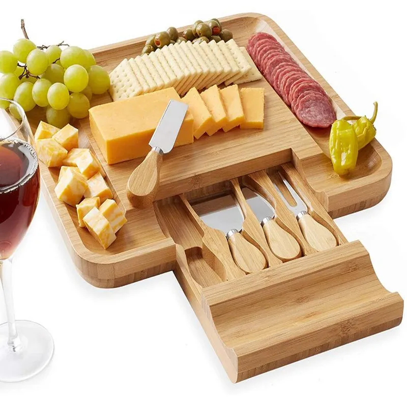 

Kitchen Board Charcuterie Platter Serving Tray Square Bamboo Cheese Board With Knives Set