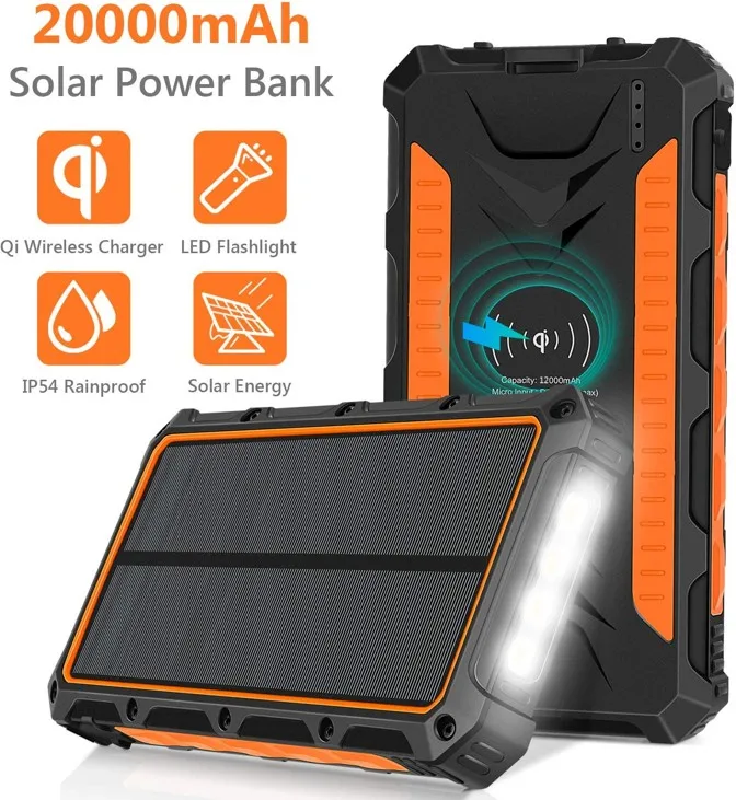 

20000mAh Dual Usb Portable Mobile Phone Charger Solar Power Bank With Led Light QI Wireless Charging Solar Charger, Black/orange