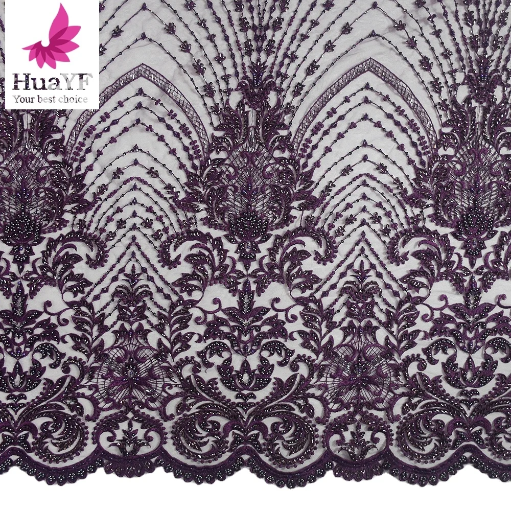 

Purple french tulle fabric lace with pearls high quality handwork beaded embroidery mesh fabric HY1268-1, As pic show