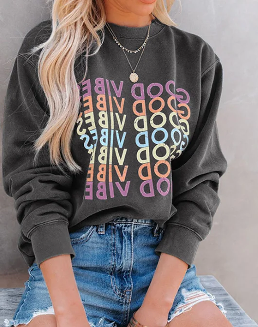 

2022 New Arrival Casual Long Sleeve Sweatshirt Solid Color Printed Ladies Pullover Regular Loose Women Sweatshirts