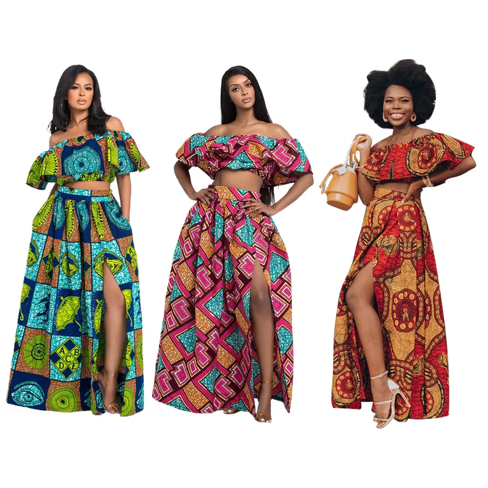 

African Printed Sexy Two Piece Set Women Clothing Off Shoulder Crop Top And Split Maxi Skirts Dress, Customized color