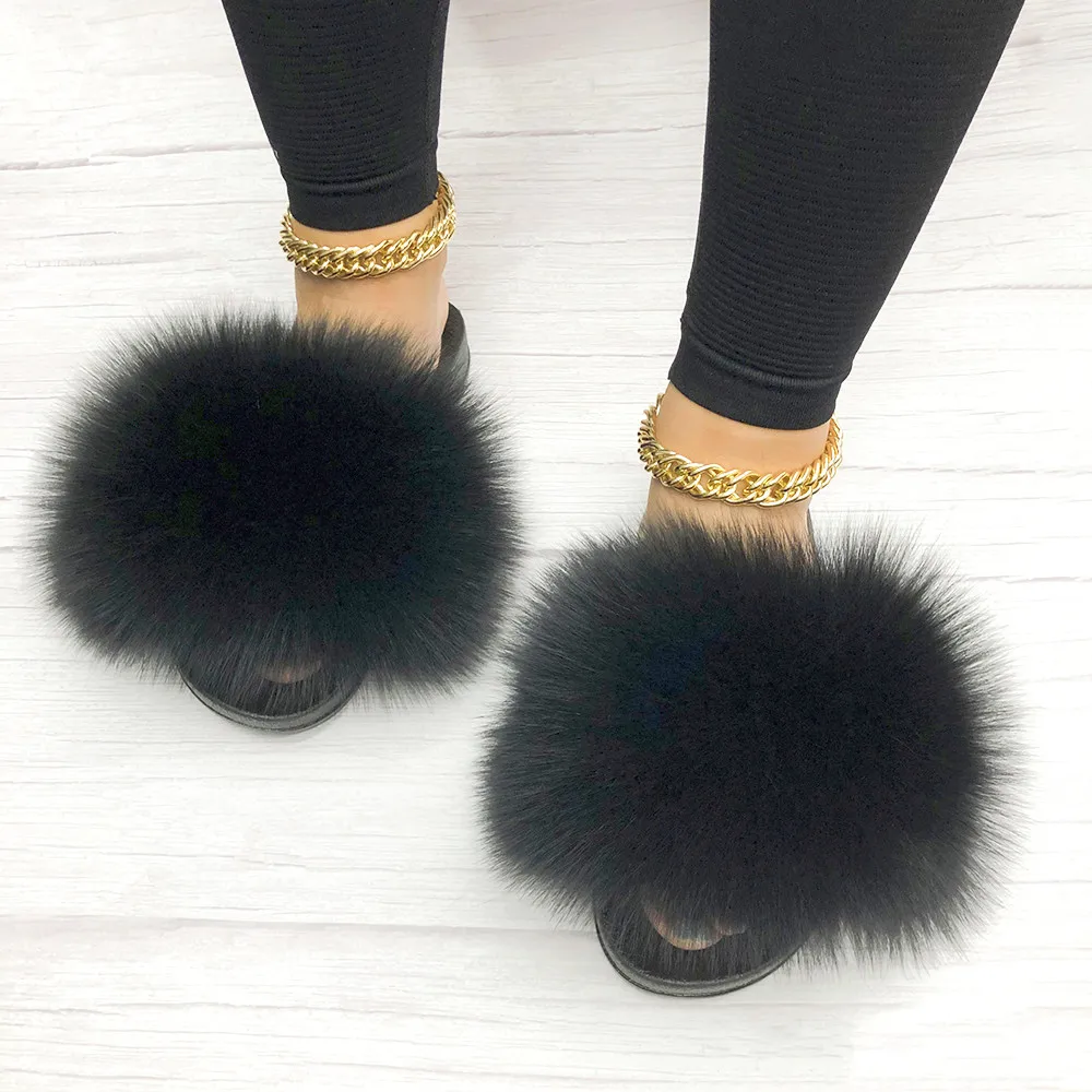 

Hot style fur sandals slides slippersfox fur slippers big fur slides, Customer's request