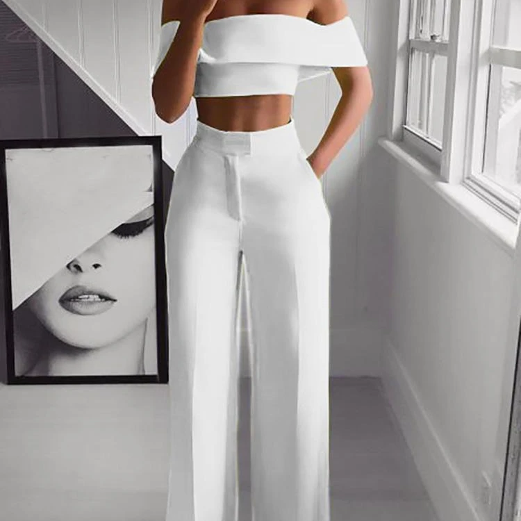 

2020 new women's clothingmoen Fashionable one-word shoulder top wide leg pant 2 piece suit