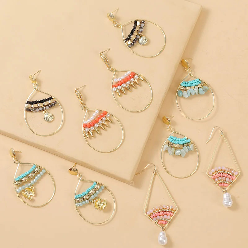 

Bohemian Pearl Shell Stone Dangle Earrings Geometric Hoop Beaded Earrings For Women, As picture show