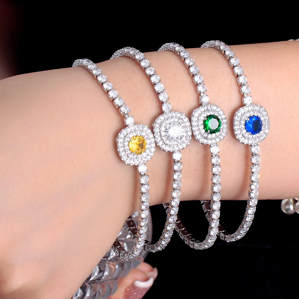 Shiny Top Square Green Blue Cubic Zirconia CZ Crystal Tennis Chain Link Women Party Engagement Bracelets Jewelry Gift
