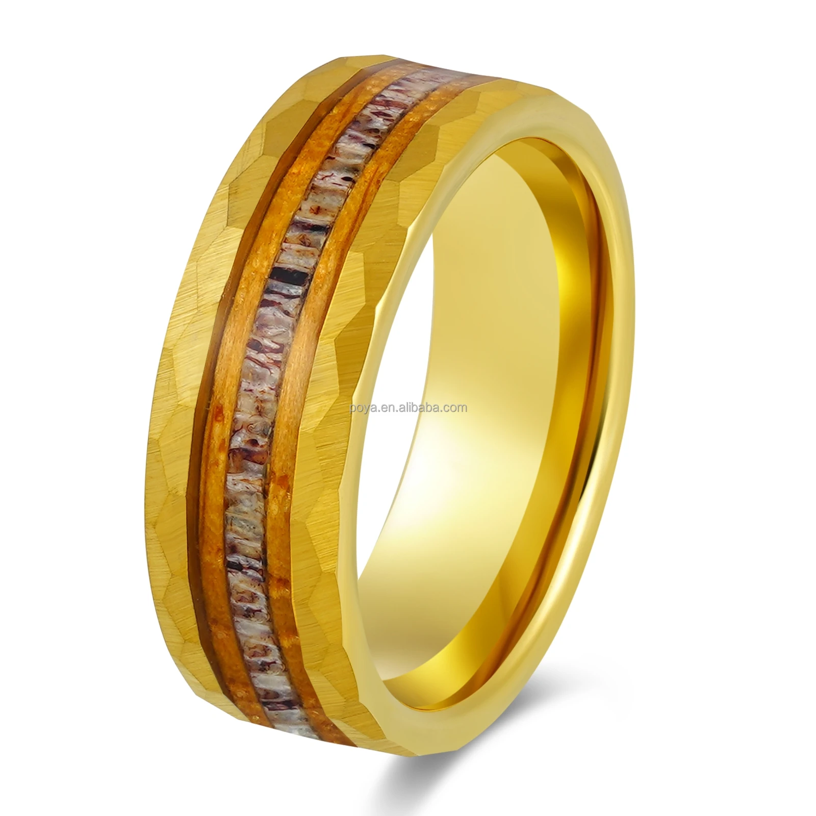 POYA Vintage Gold/Black Plated Hammered Tungsten Ring Whiskey Barrel Wood&Antler Inlay for Wedding Engagement Anniversary Gift