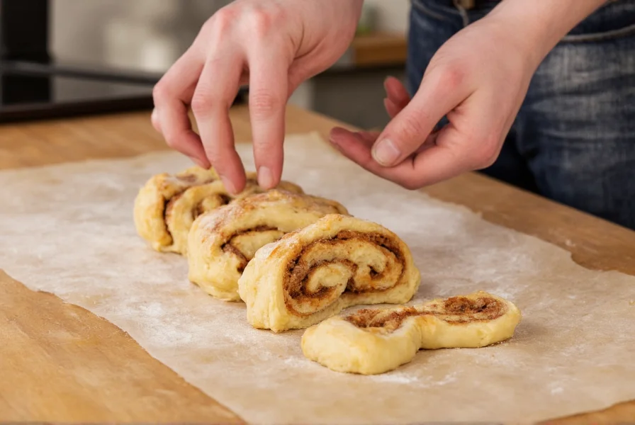 Professional baker creating perfect cinnamon swirl in pastry dough with evenly distributed cinnamon filling