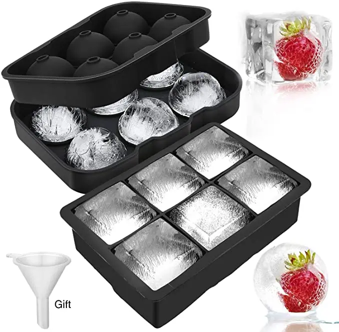 

BPA free 6 Cavity Silicone Ice ball & cube tray Sets of 2, Black;orange;green;blue;pink or custom color