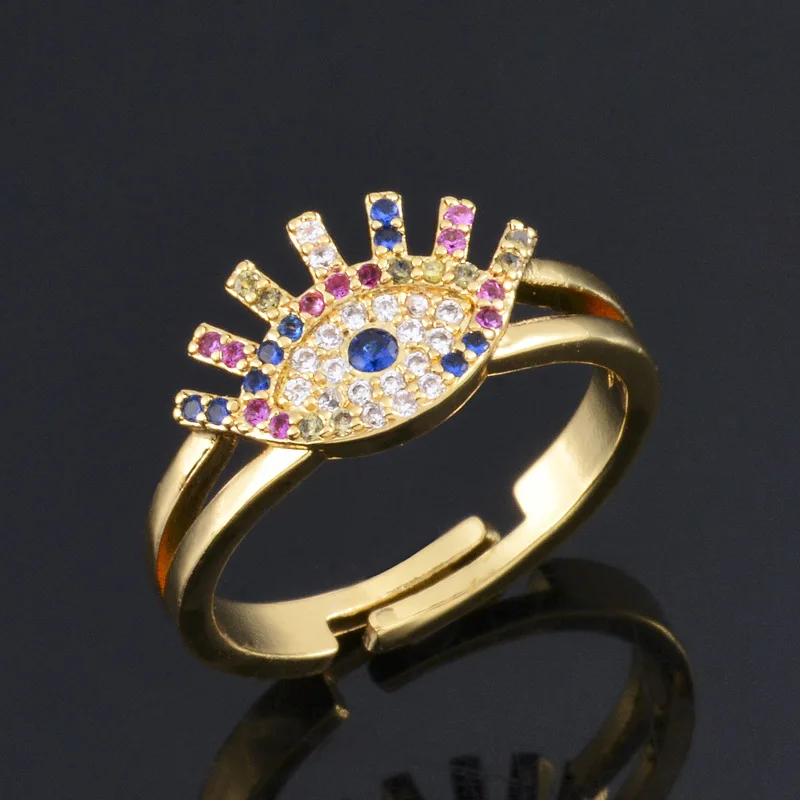 

Newest Arrival Real Gold Plating Colorful Micro Pave CZ Evil Eyes Rings Rainbow Color Diamond Devil Eye Adjustable Rings