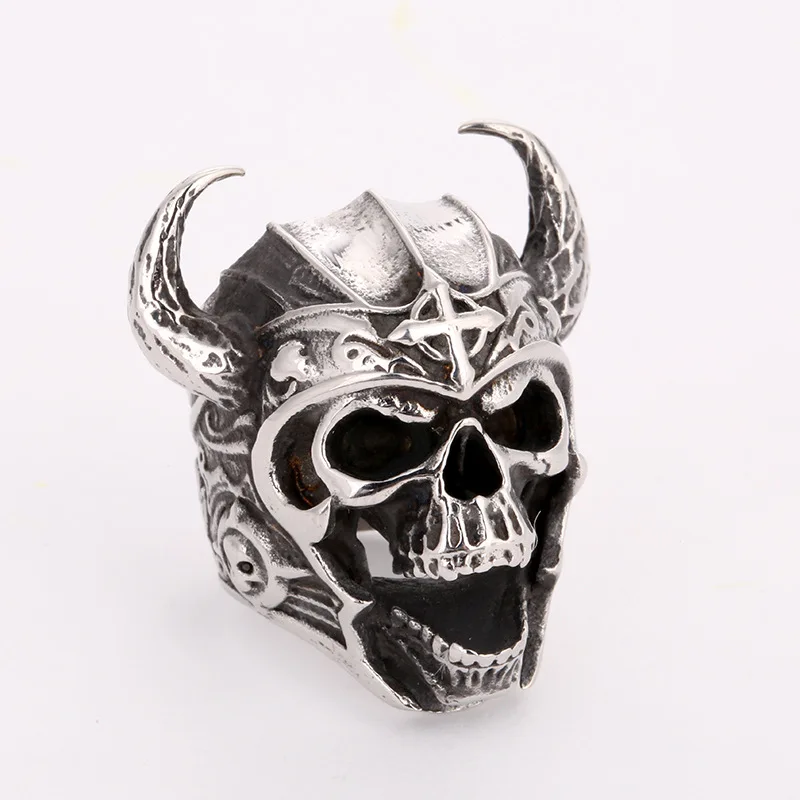 

VRIUA Cool Silver Color 316L Stainless Steel Viking Warrior Skull Rings Mens Punk Nordic God of War Biker Jewelry Gift for Him, Sliver