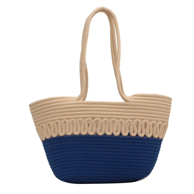 

New Stylish Multicolor Cotton Rope Woven Crochet Summer Beach Tote Handbag Portable Leisure Knitting Bucket Bag