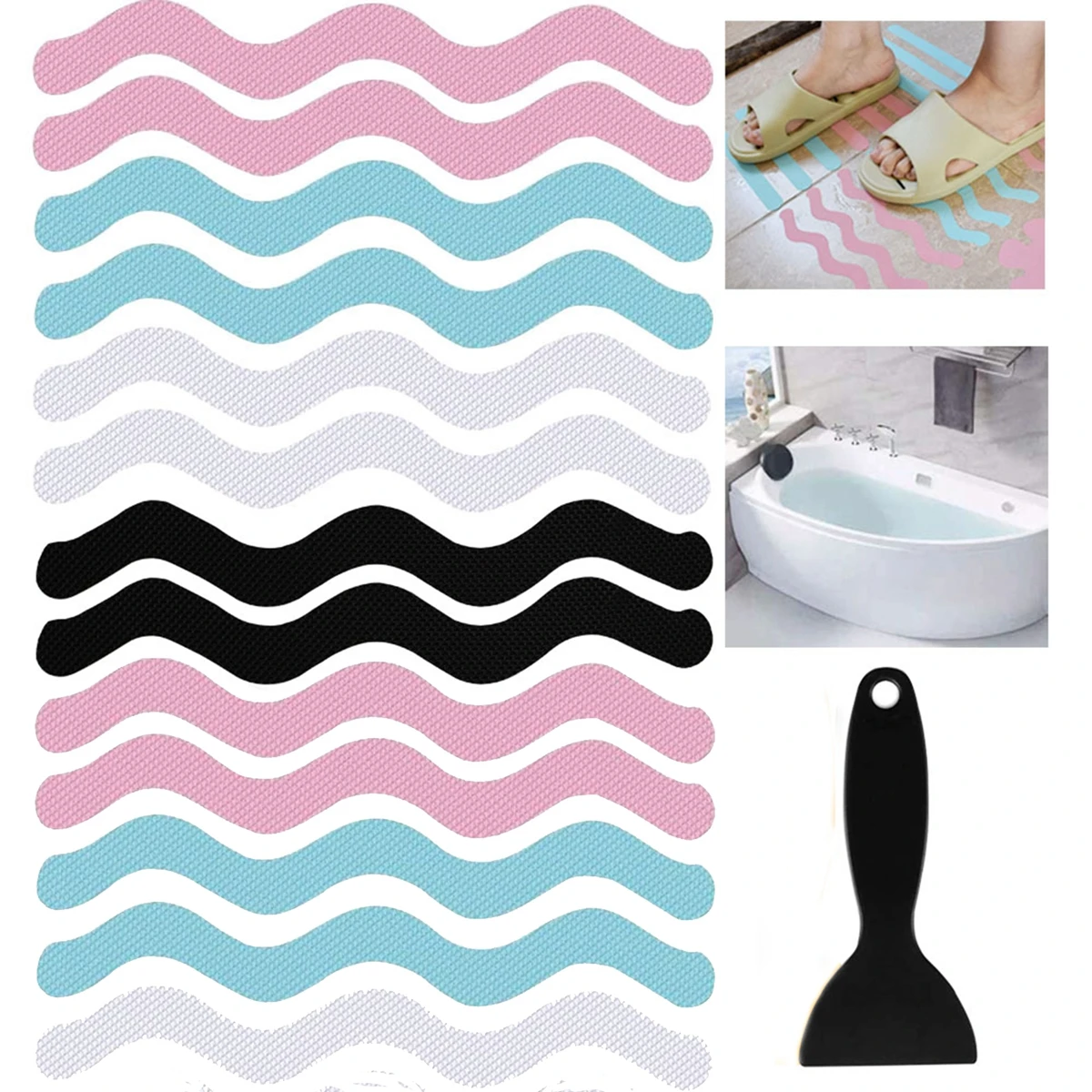 

S-shaped Anti Slip Strips Transparent Shower Stickers Bath Safety Strips Non Slip for Bathtub Shower Stairs Floor, Color
