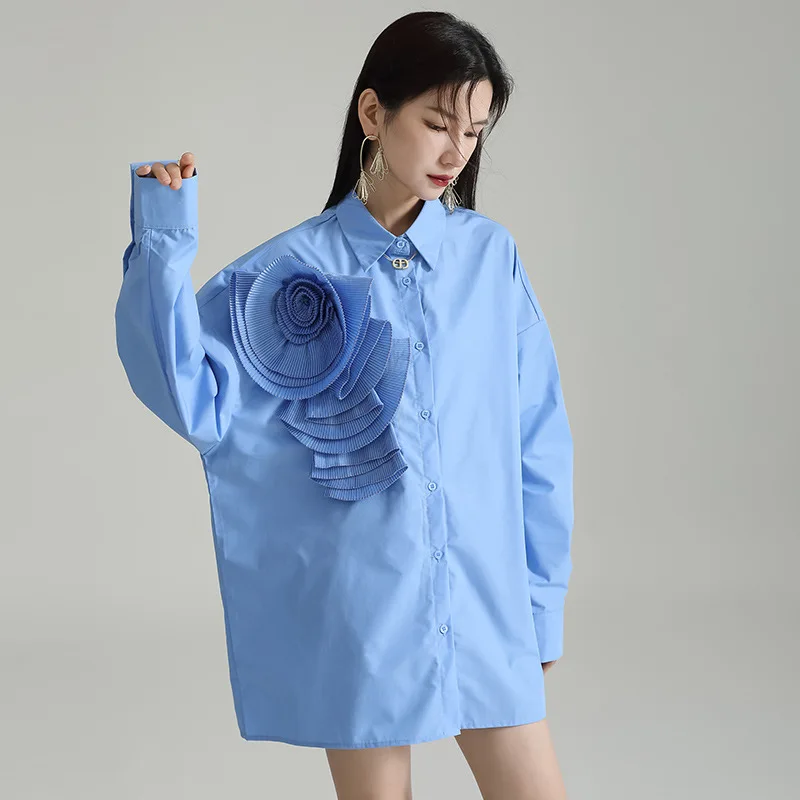 

High-Waisted Strap White Top Puff Sleeve Pleated Three-dimensional Flower Long Sleeve Shirt Luxury Loose Chic Shirt For Women