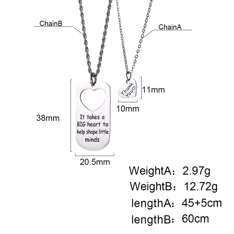 

Pendant Necklace Trendy Stainless Steel Couple Chain Necklaces It Takes a Big Heart to Help Shape Little Minds, Steel color