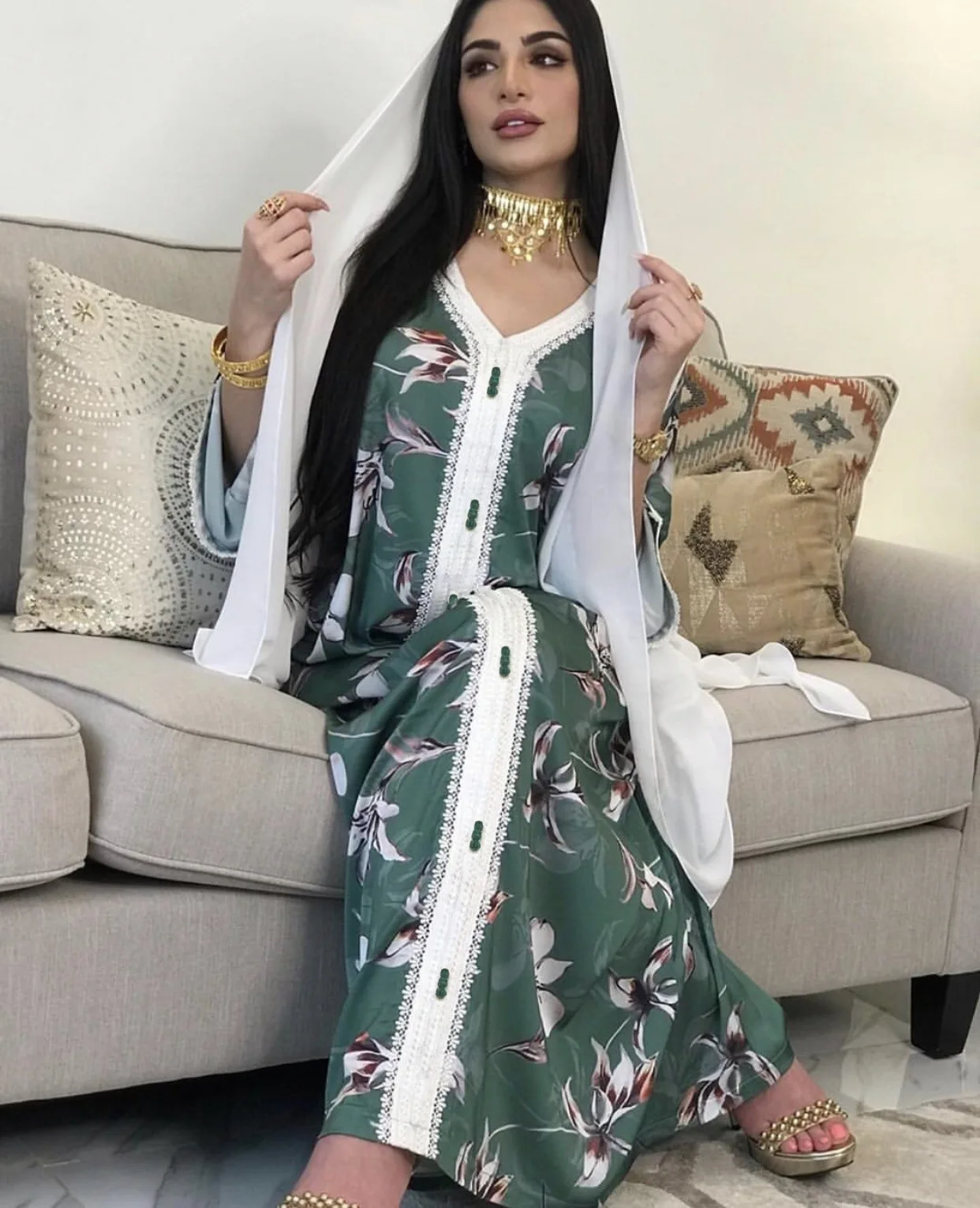 

2021 Abaya Dubai Ethnic V Neck Ribbon Maxi Dress Women Loose Muslim Jalabiya Dresses Full Sleeve Arabic Islamic Clothing, Green