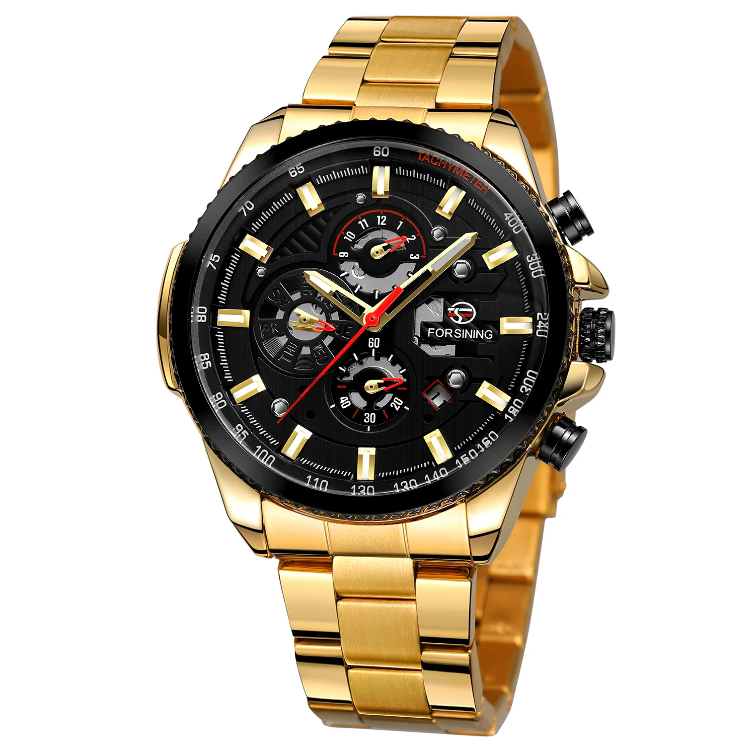 

Forsining Gold Plated Six Hands Multifunctional Chronograph Sport Analog Watch Luxury Brand Mens 2020 Glass Winner Men Alloy