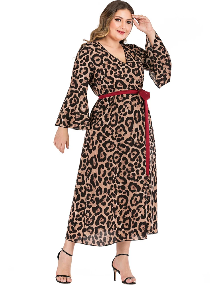 Spring Women Loose Long Sleeve V Neck Red Tie Lace Up Sexy Plus Size Leopard Maxi Dress