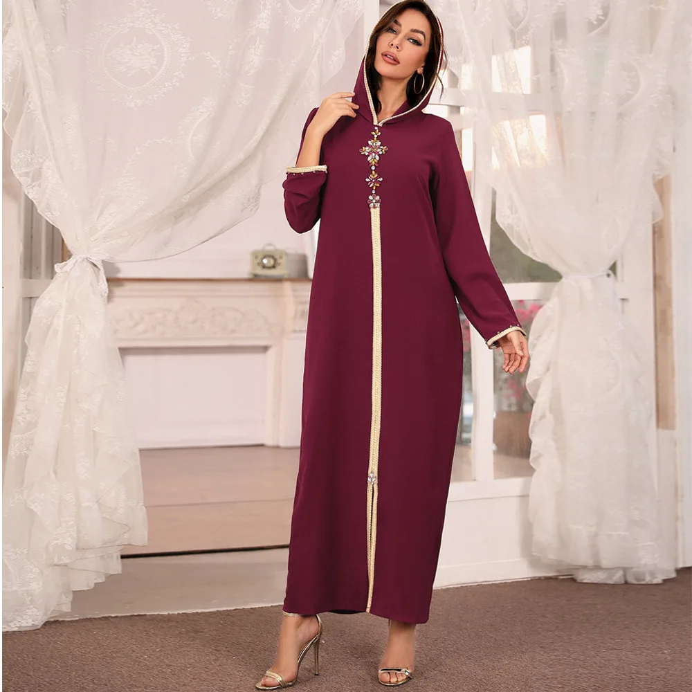 

Middle East hot sale new arrivals fashion hand-made rhinestone hooded dress banquet women Moroccan Caftan Abaya dress, 3 colors in stock accepted customzied design