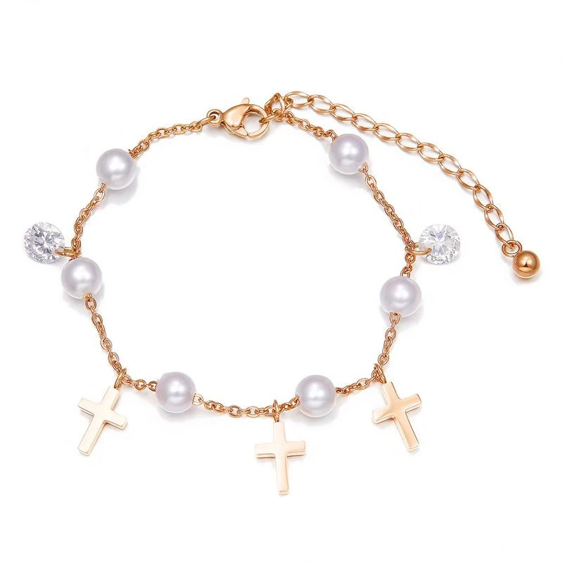 

gold anklets for girls Cute Korean Girl Trendy Jewelry Stainless Steel Pearl Cross Rose Gold Women Anklet, Fashion women anklet
