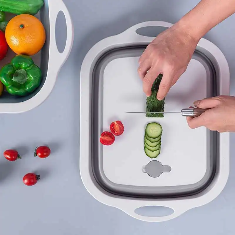 

Multifunctional Kitchen Washing Fruit Drain Vegetable Basket Mildew Proof Chopping Board Foldable Household Cutting Board, White