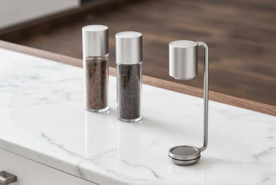 Minimalist rotating salt and pepper shaker holder with magnetic base on marble countertop