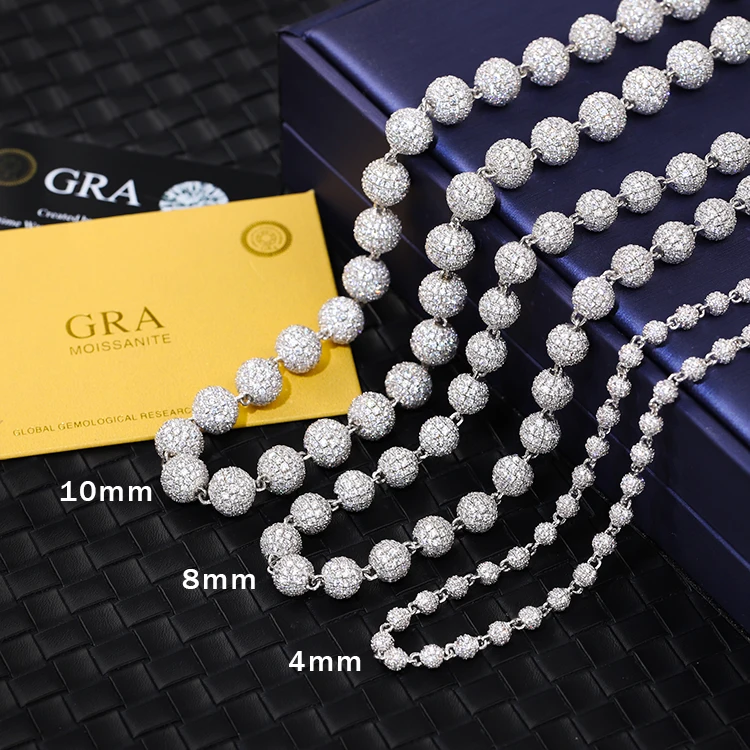 

Yu Ying 925 Solid Silver 4mm 8mm 10mm Wide Chain VVS Round Moissanite Ball Shape Cuban Link Chain For Hip Hop Jewelry