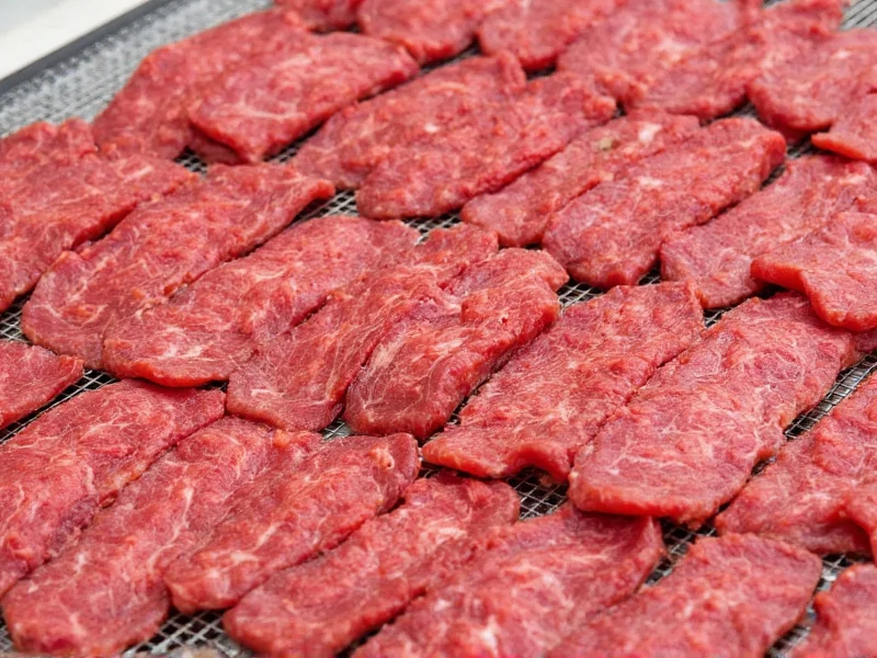 Properly sliced beef strips arranged on dehydrator trays