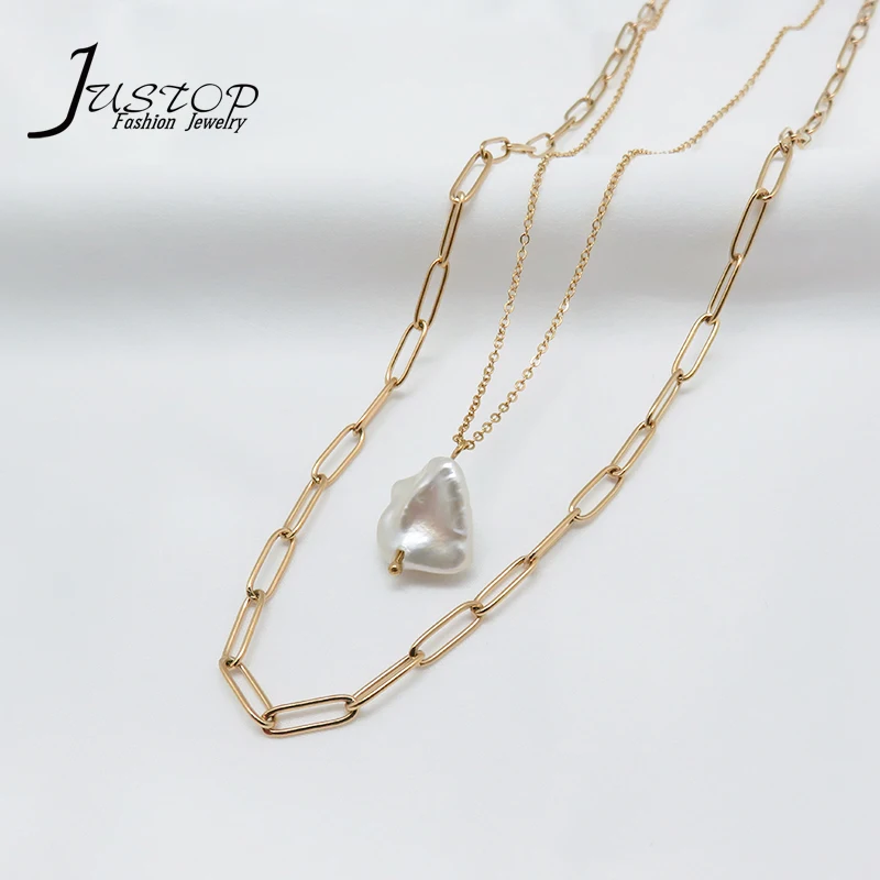 

Baroque Pearl Pendant Stainless Steel Rectangle Chain Necklace Double Layer Infinity Necklace