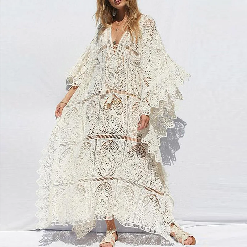 

2020 new arrivals summer embroidery lace bohemian style women Kaftan