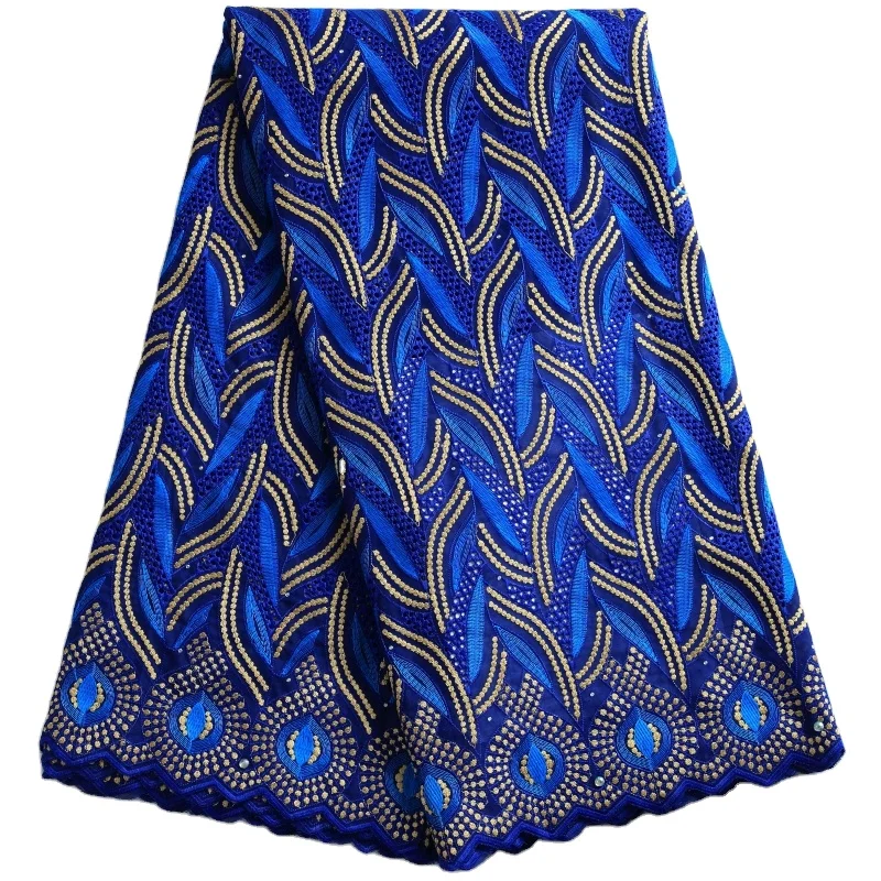 

Latest African Royal Blue Dress Lace Fabric Cotton Embroidery Holes Nigerian Swiss Voile Laces Fabric Stones For Sewing 2266, As shown in the photos