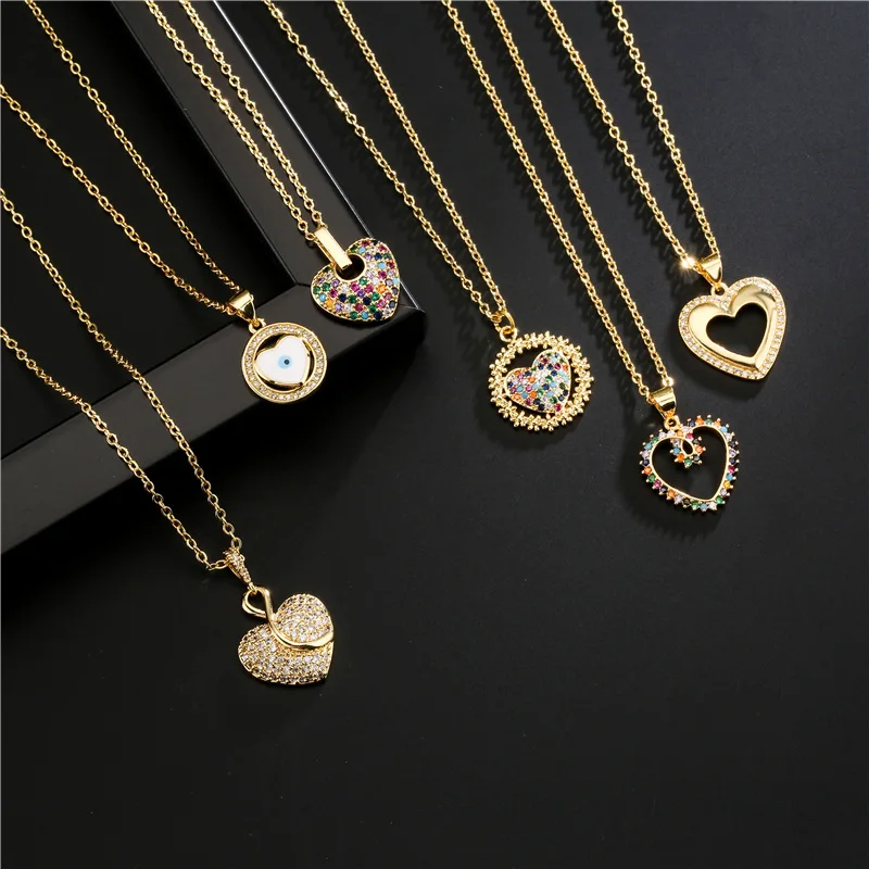 

Fine Jewelry Real Gold Plated Multi Color Micro Pave Heart Pendant Necklace Colorful Heart Diamond Necklaces For Women Girl