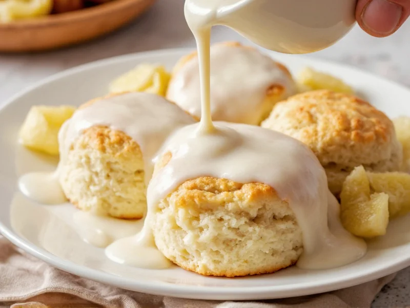 Creamy white gravy poured over fluffy biscuits
