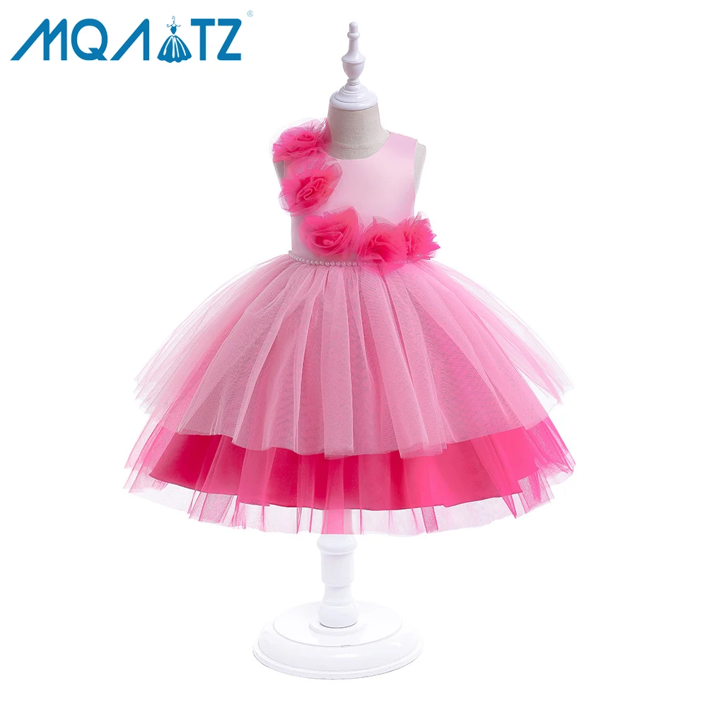 

MQATZ Hot Pink Satin Flower Girl Dress Tulle Flower Girl Dress For Girls Kids Party Wear