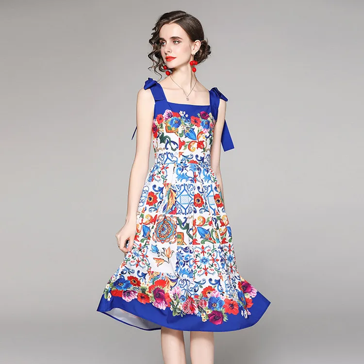 

LY929 New 2021 Chic Design Slim Waist Shoulder Strap Print Midi Dress Women Sleeveless Dresses Clothes Wholesale 9