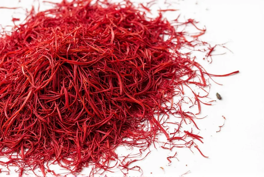 Saffron threads in glass vial next to measuring spoon showing proper portion size for cooking